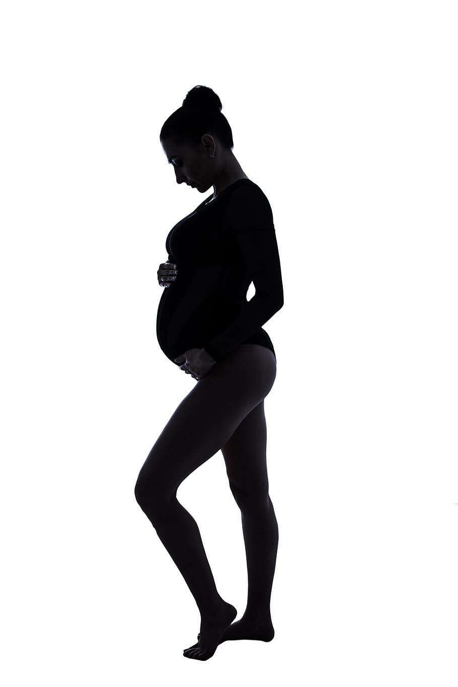 embarazada, mujer, tenencia, barriga, embarazo, silueta, familia, fondo blanco, foto de estudio, una persona