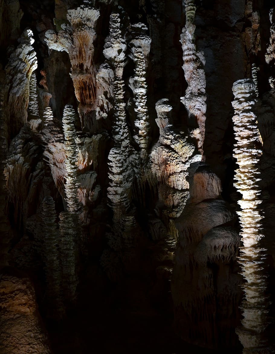 aven armand, stalagmites, cave, cevennes national park, france, karst, geology, formation, illuminated, art and craft
