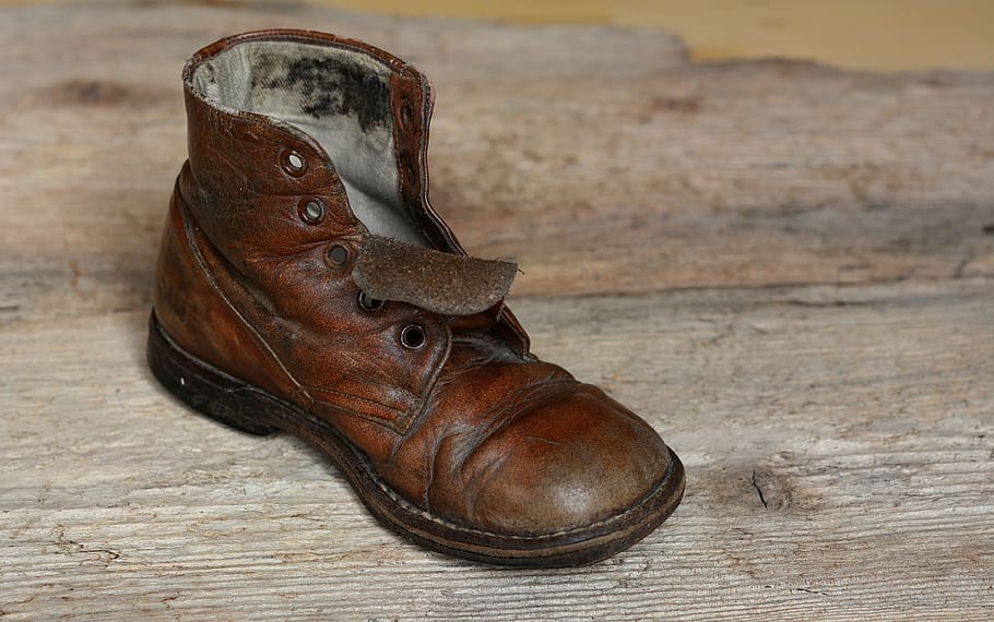 unpaired, brown, leather boot, shoe, leather shoe, age shoe, worn, used, old, antique