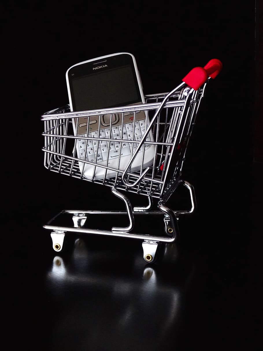 qwerty phone, gray, Mobile, Online, Dare, Shopping Cart, basket, bassinet, purchasing, shopping