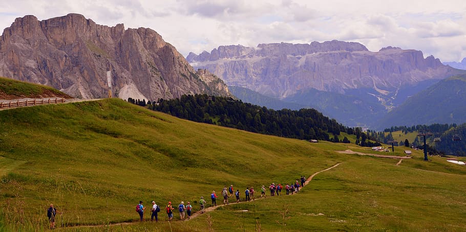hiking, trail, dolomites, mountain, walk, group, backpack, excursion, trekking, rocks