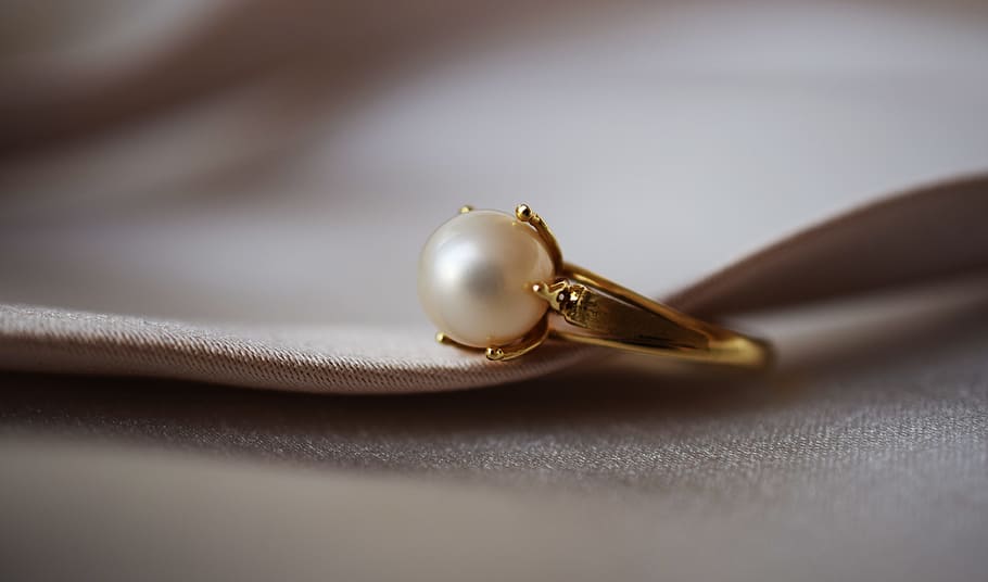 gold-colored ring, white, pearl, ring, gold, shine, jewelry, closeup, wealth, indoors