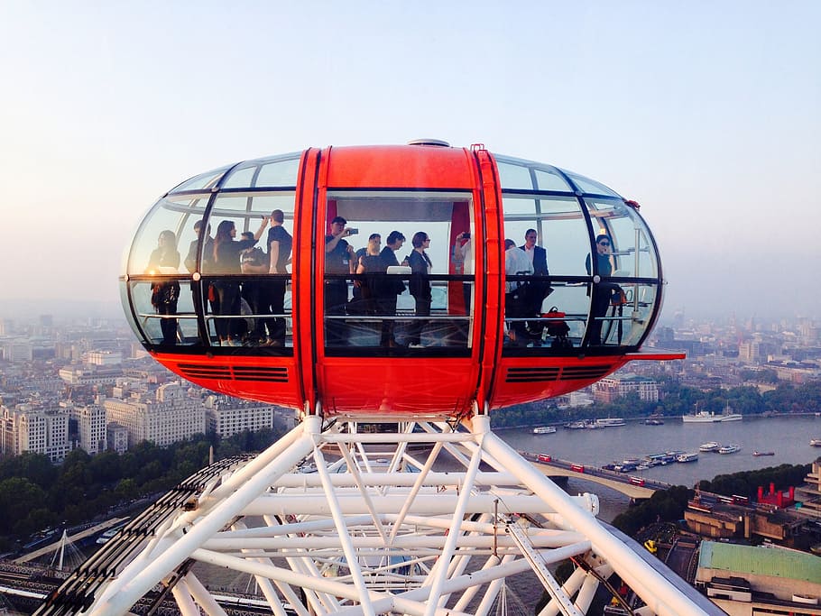 people, riding, red, amusement, ride, london, london eye, attraction, architecture, sky