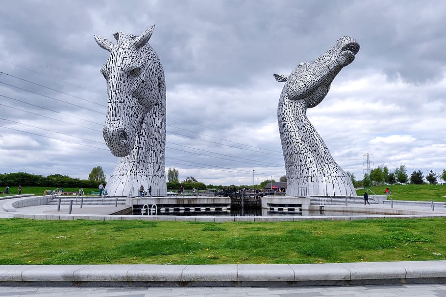 the kelipes, scotland, sculpture, falkirk, horse, steel, structure, horse head structures, kelpie, architecture