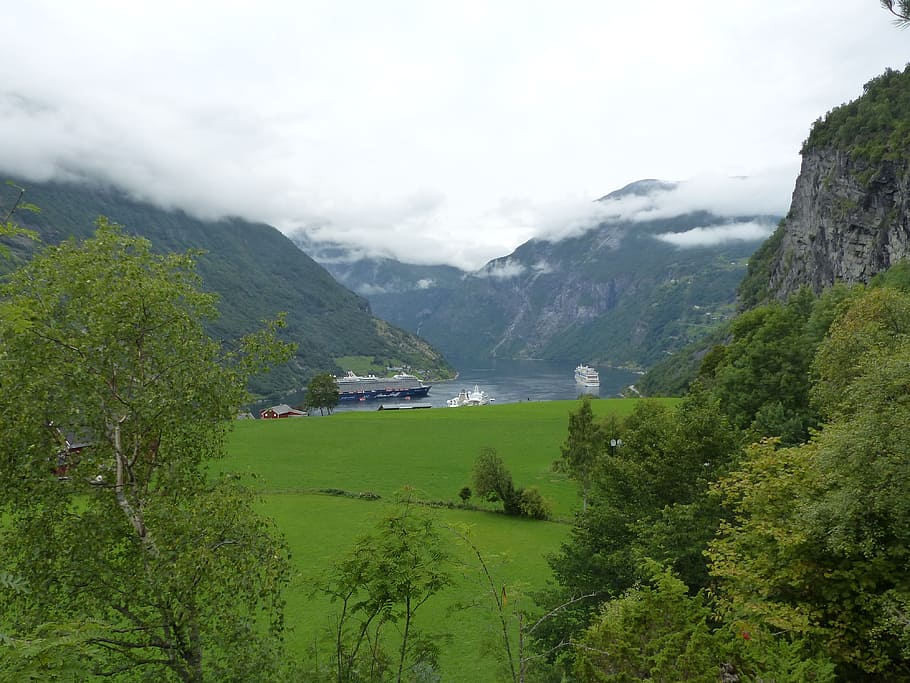 ガイランゲルフィヨルドは, ノルウェー, フィヨルド, 船, 山, 植物, 自然の美しさ, 風景-自然, 木, 水
