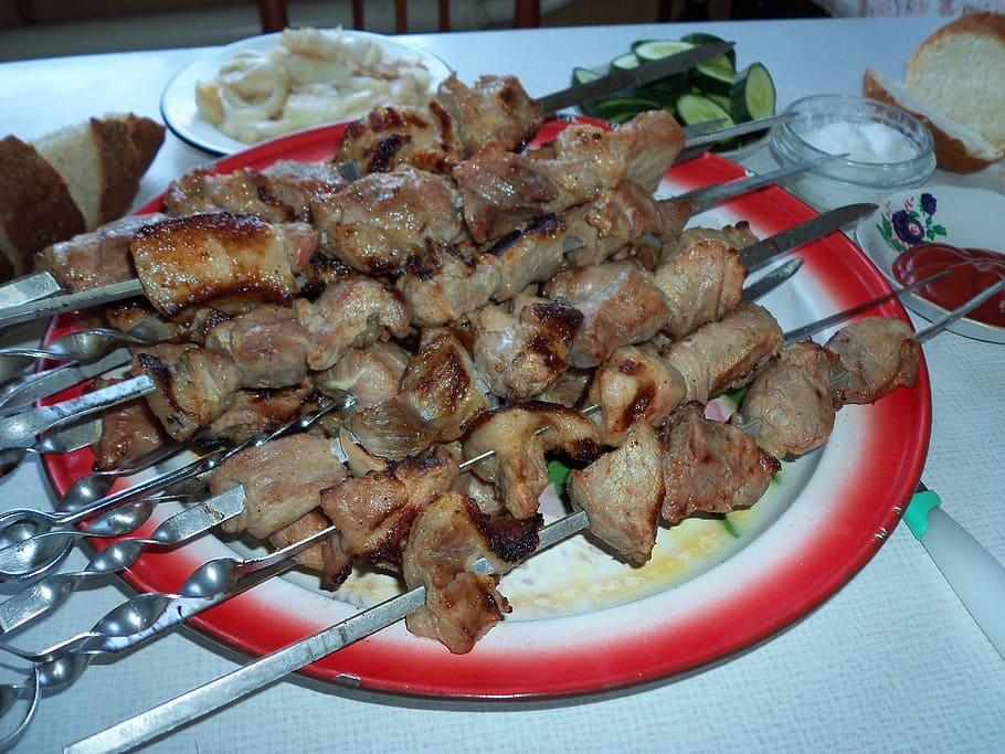 Shish Kebab, Meat, Skewers, Fried, fried meat, onion, food, tasty, table, gourmet