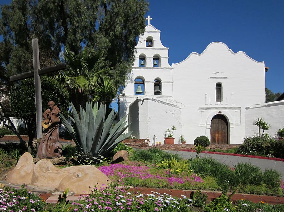 missão de san diego de alcala, califórnia, adobe, branco, igreja, arquitetura, religião, cristianismo, planta, árvore