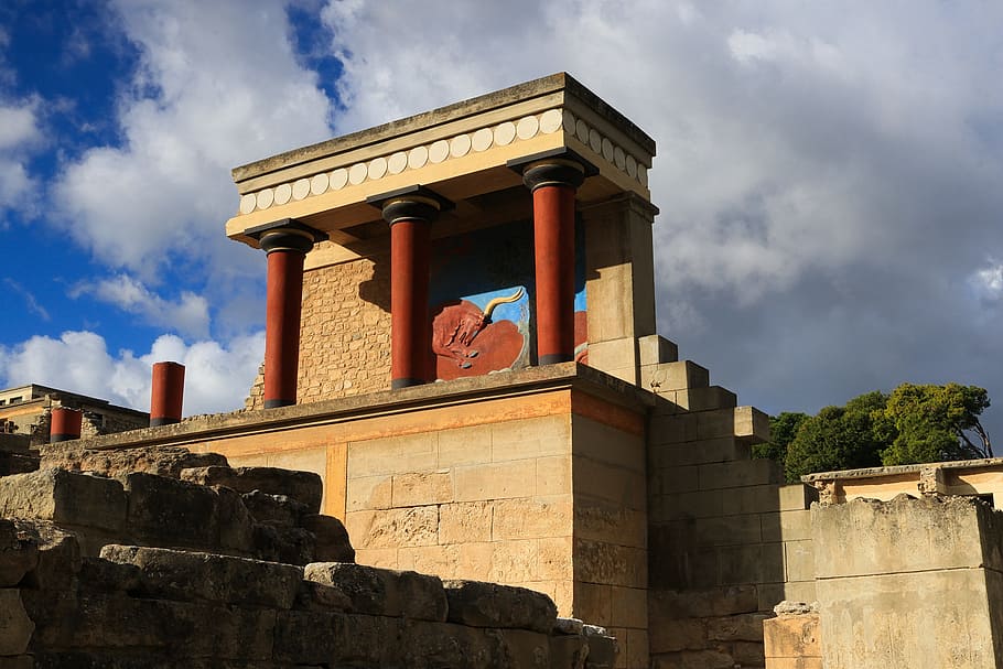 crete, knossos, greece, antiquity, ruin, relief, bull, archaeological site, places of interest, architecture