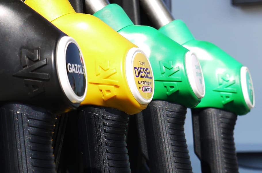 empat, berbagai macam bahan bakar berwarna, pompa, nozel, bensin, diesel, gas, bahan bakar, minyak, industri