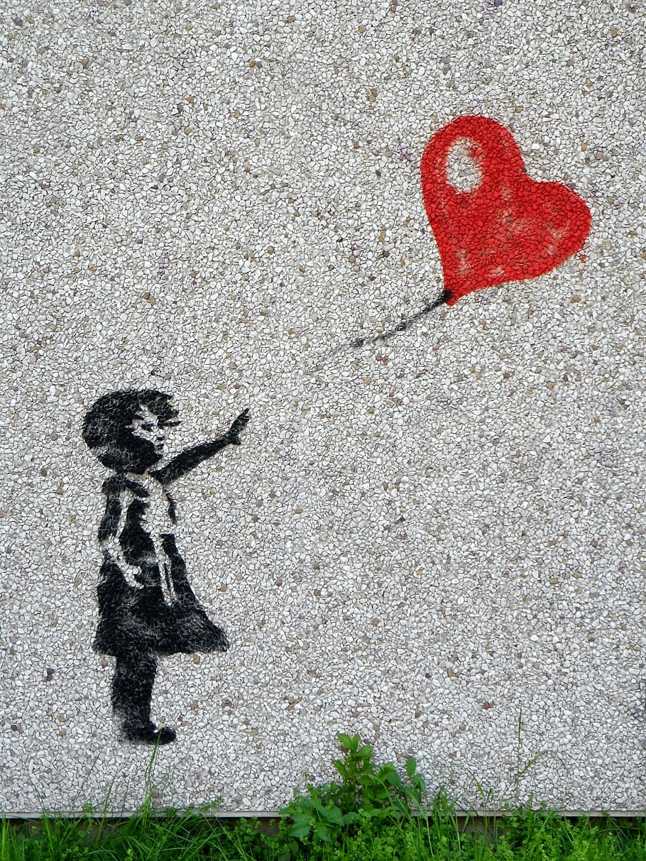menina, vermelho, superfície do balão, mural, balão, criança, coração, grafite, inocente, amor