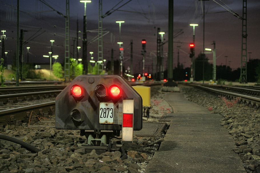 red, led, light, railway, night, gleise, train, seemed, yield, signal lamp