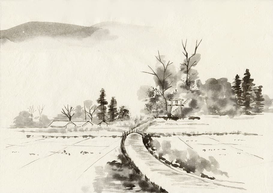 painting of trees, ink, traditional chinese painting, landscape, tree, plant, snow, nature, winter, cold temperature