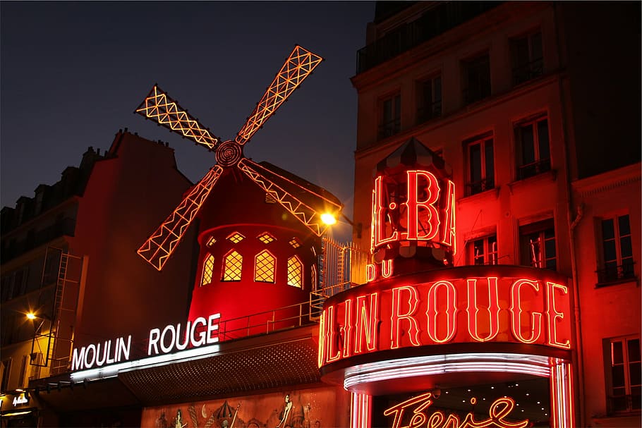 red, windmill tower, night time, lighted, moulin, rogue, building, nighttime, Moulin Rouge, cabaret
