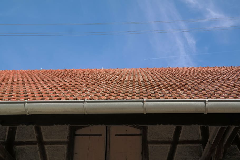 orange, roof shingles, blue, skies, daytime, roofing, gutter, roof, barn, scheuer
