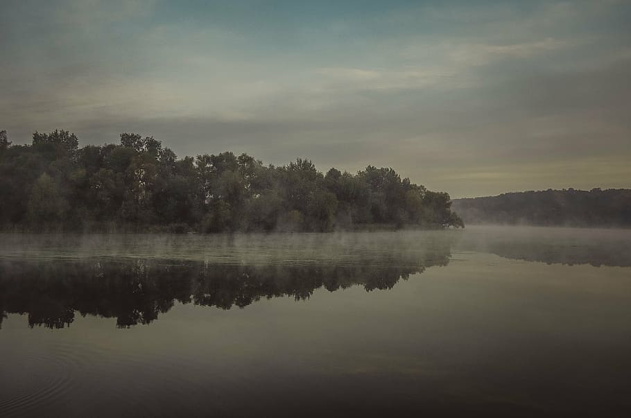 body, water, gray, sky, grey, scaled, lake, island, fog, foggy