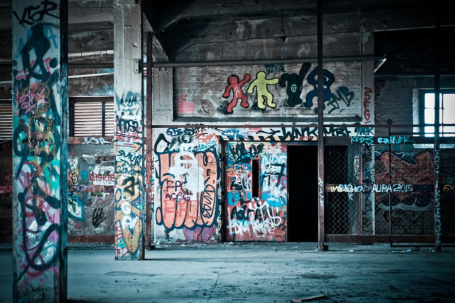 selective, focus photography, graffiti wall art, lost places, pforphoto, leave, factory, ruin, lapsed, old factory