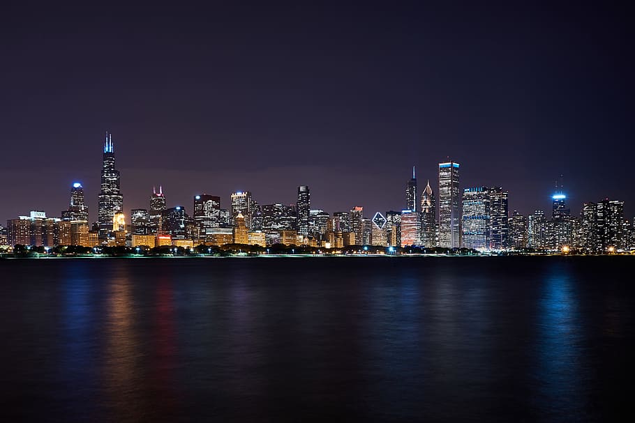 市, シカゴ, 夜, シカゴ市, 夜で, 都市, 都市のスカイライン, 都市の景観, 超高層ビル, 都市のシーン