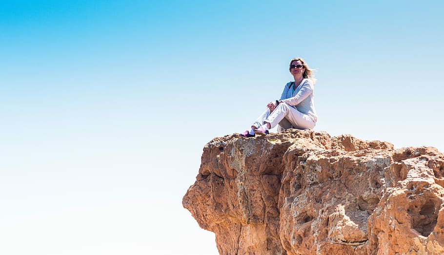 sitting, top, brown, rock cliff, blue, sky, daytime, Summit, Blond, Woman