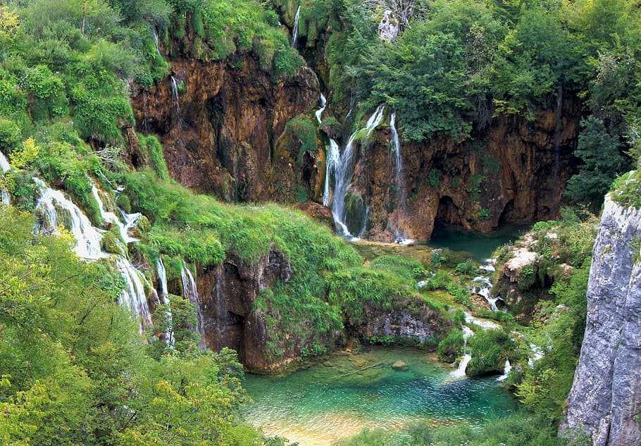 plunge waterfalls, waterfall, nature, croatia, landscape, water, tree, torrent, top view, stream