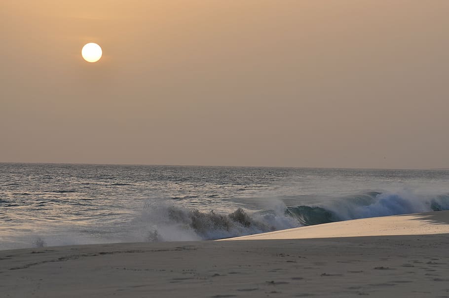 puesta de sol, olas, mar, agua, costa, himmel, solar, cabo verde, playa, ola