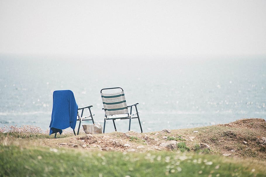 two, white, chairs, overlooking, sea, ocean, view, sky, clouds, landscape