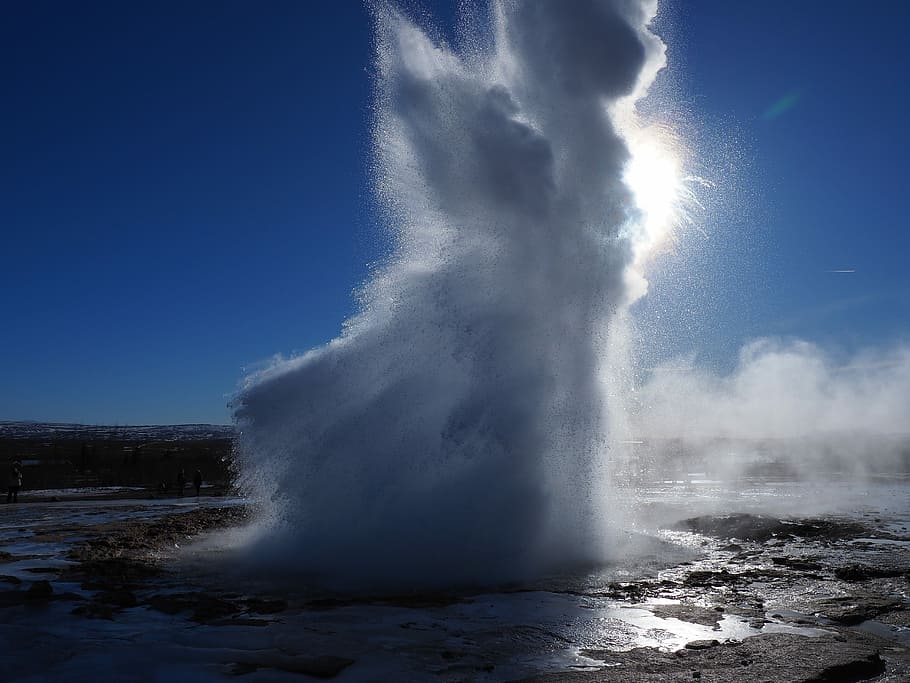 всплеск воды, пляж, большой гейзер, гейзер, фонтан, Вспышка, Исландия, Blaskogabyggd, Источник геотермального источника, источник