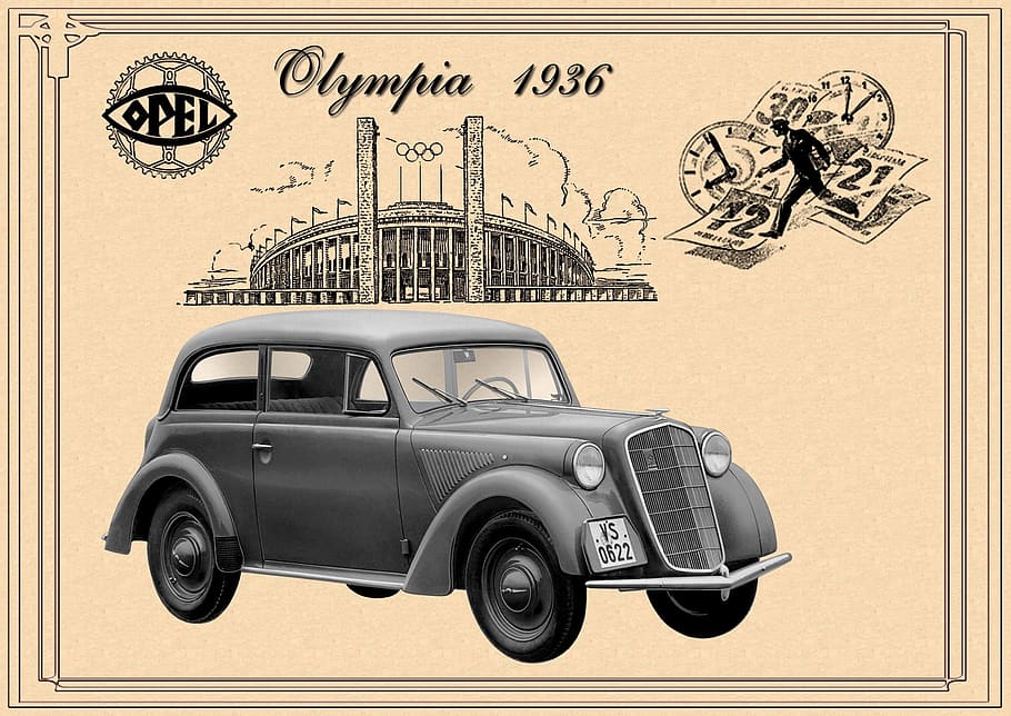 gray, olympia 1936 car, opel, olympia, 1935-1937, old original advertising, from a berlin newspaper from 1936, newly revised, retro, replicar
