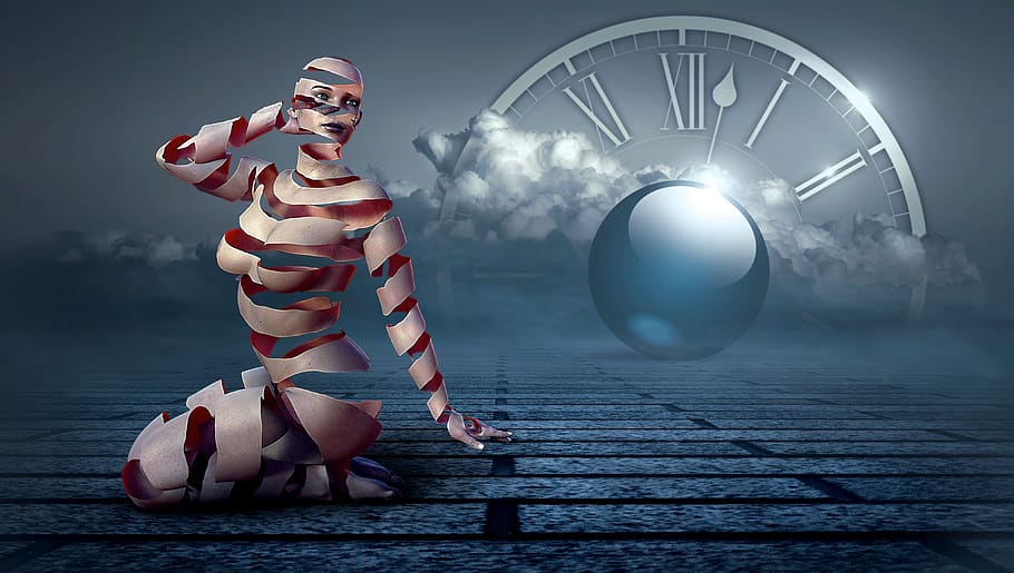 fantasy, surreal, woman, band, ball, effect, clock, cloud, sit, translucent