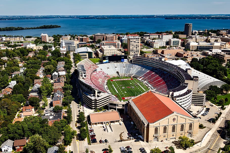 aerial, photography, stadium, madison, wisconsin, university of wisconsin, camp randall stadium, sports, buildings, structure