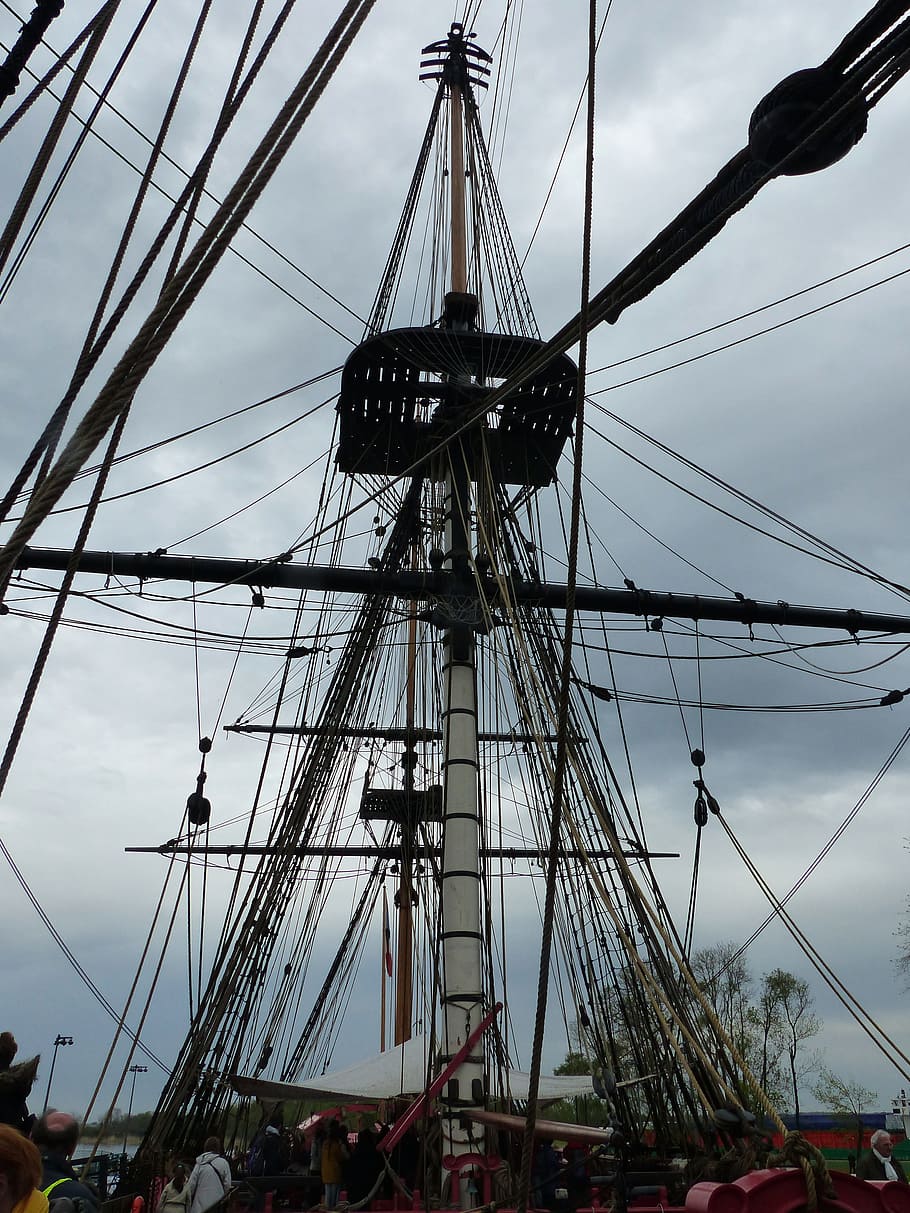 mature, mast, hermione, shrouds, ropes, pulleys, boat, frigate, sailboat, rigging