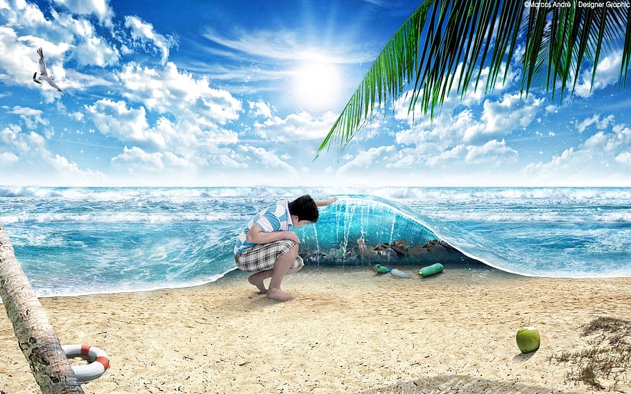 hombre, tenencia, olas oceánicas, editado, foto, playa, sol, hoja, contaminación, naturaleza
