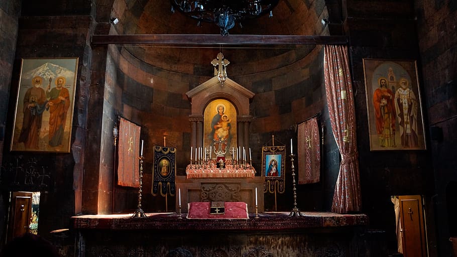 Iglesia, Altar, Interior, Cortina, velas, khor virap, monasterio, armenia, arquitectura, religión