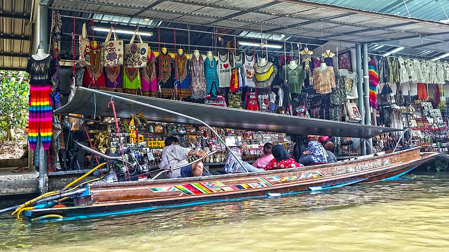 damnoen saduak, flutuante, mercado, Damnoen Saduak Floating Market, Tailândia, bangkok, água, tradicional, pessoas, colorido