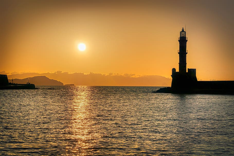 lighthouse, abendstimmung, chania, crete, greece, port, sunset, landscape, water, mood