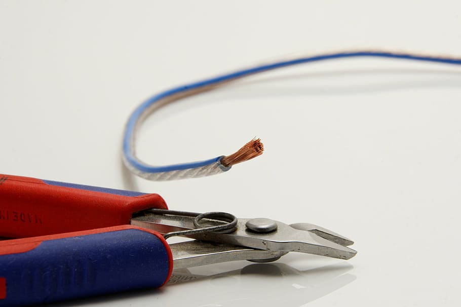 alicates cerca del cable, alicates, herramienta, elektroniker, cortadores laterales, cable, línea, hebra, pelado, cable de altavoz