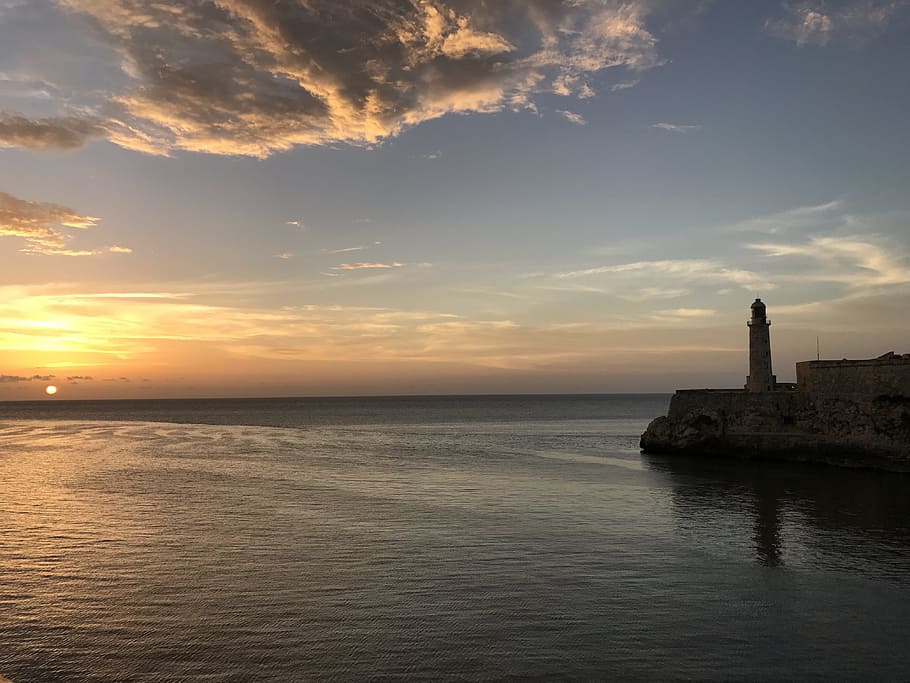 gray, concrete, lighthouse, body, water, daytime, Cuba, Havana, Harbor, Landmark, havana