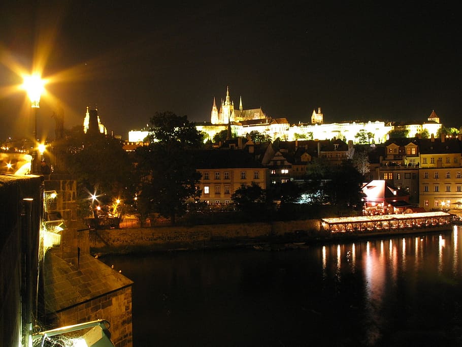 prague, praha, castle, night, night photo, lantern, wetława, bridge, bridges, hradcany