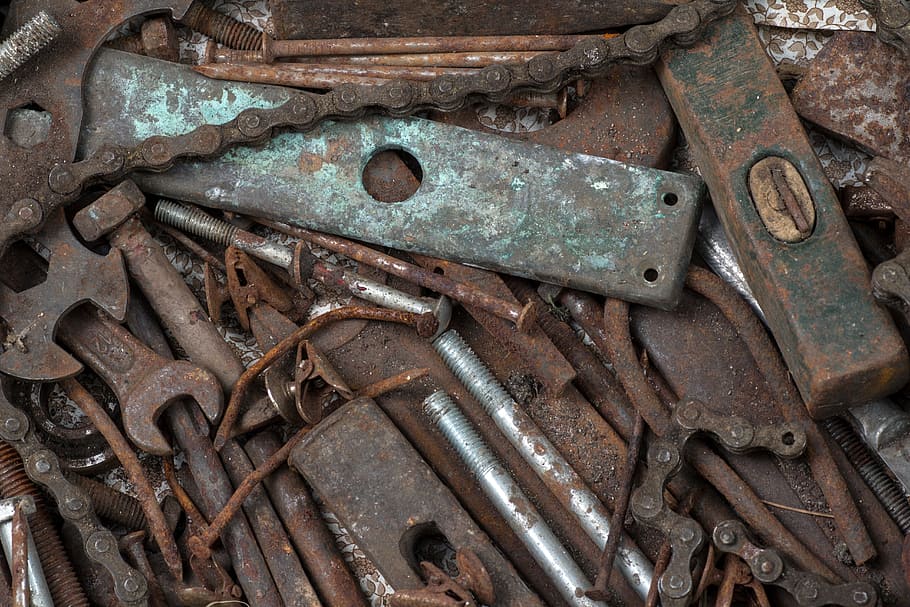 古い, ツール, スクラップ, ネジ, ステンレス, 鉄, 古いツール, 金属, さびた, 放棄された