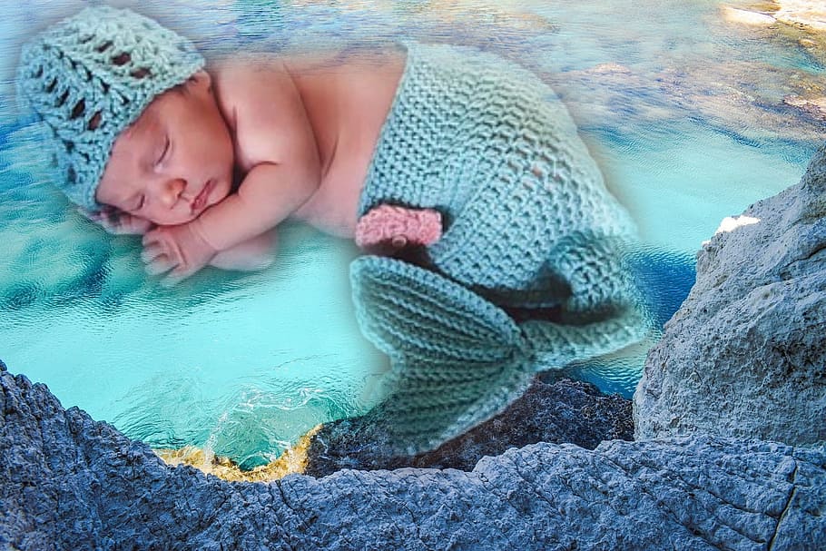sleeping baby, baby, infant, sea, water, composing, assembly, photo montage, fantasy, nature
