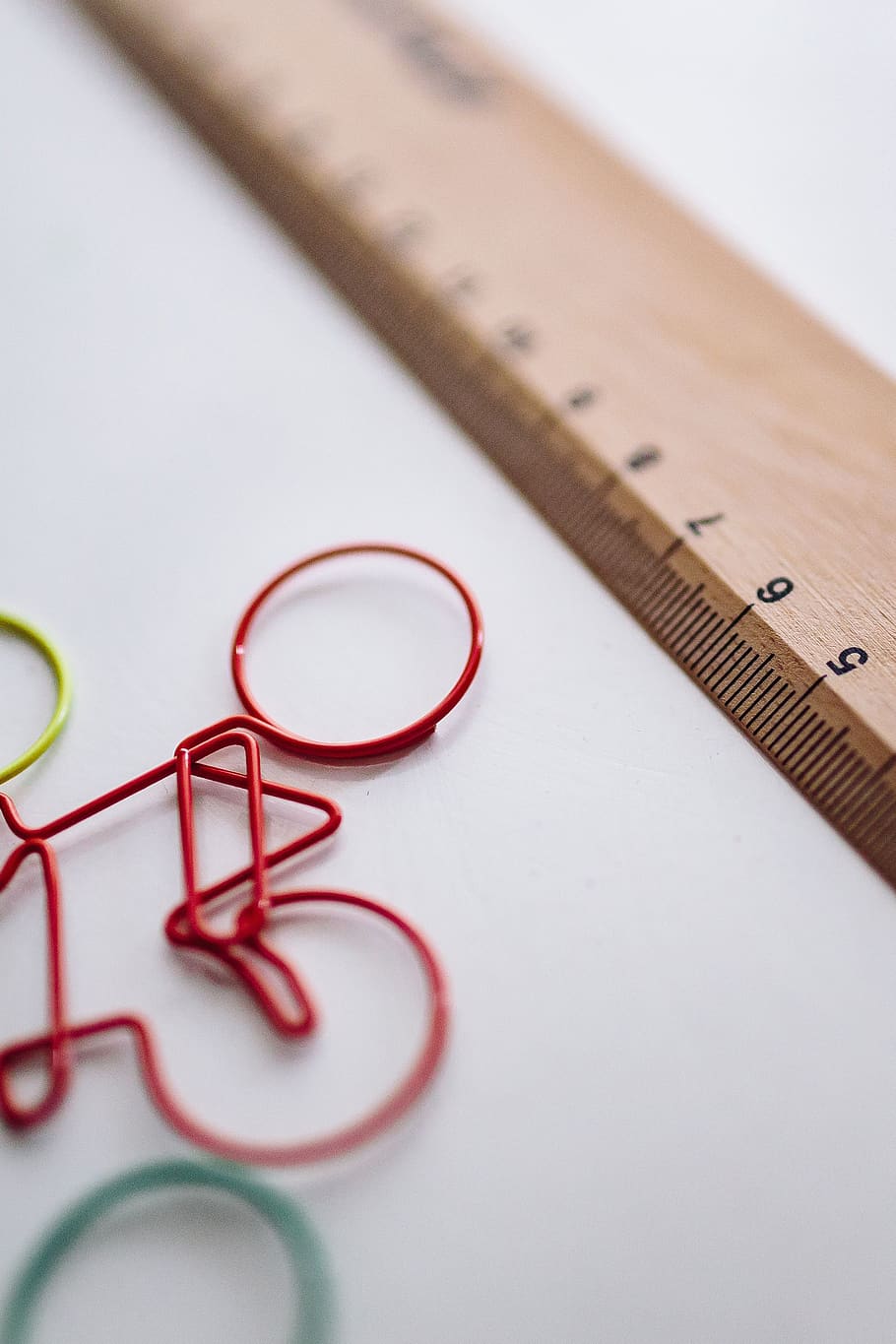 wooden, paper clip, ruler, stationery, Bicycle, paper, clips, indoors, still life, selective focus