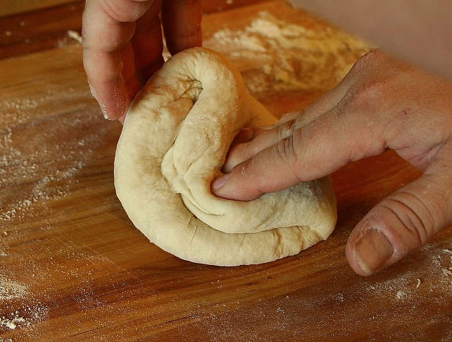 person kneading dough, dough, knead, hands, bake, ingredients, flour, bread, soft, form