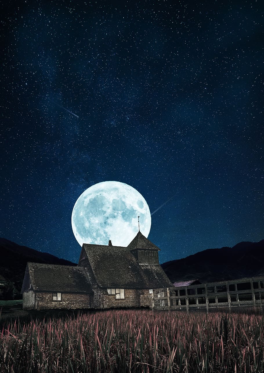 Luna, casa, noche, luna llena, luces, tarde, atmósfera, cielo, paisaje, horror