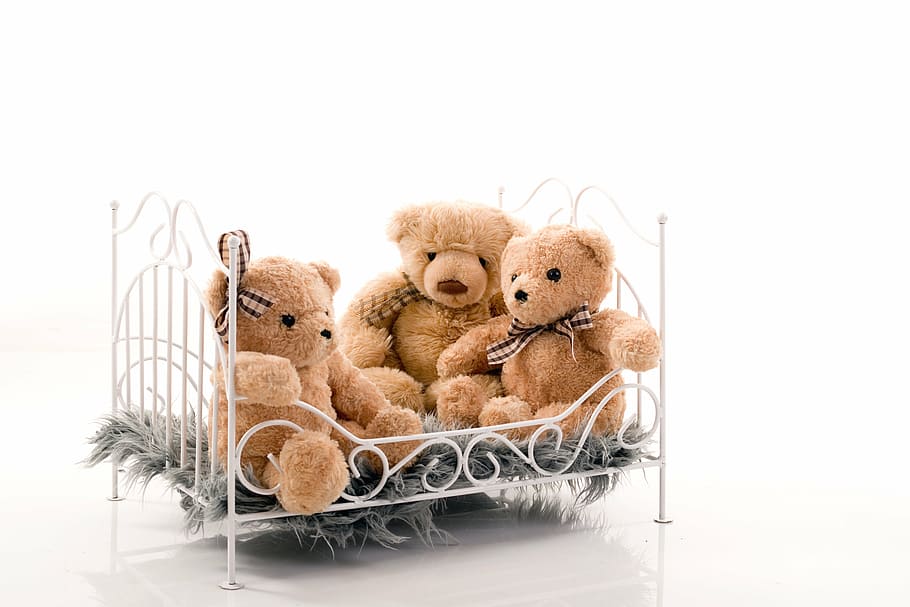 three, life-size, brown, bear, plush, toys, bed, crib, bears, beige