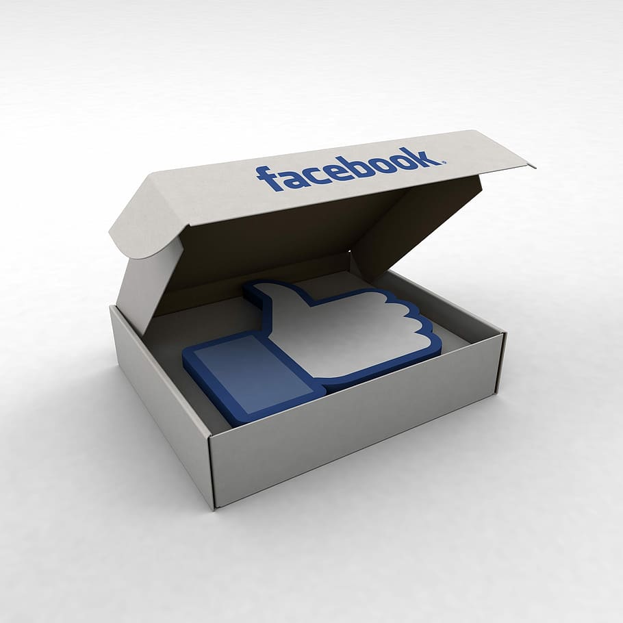 facebook, like, placed, box, big, social, media, hand, success, thumb