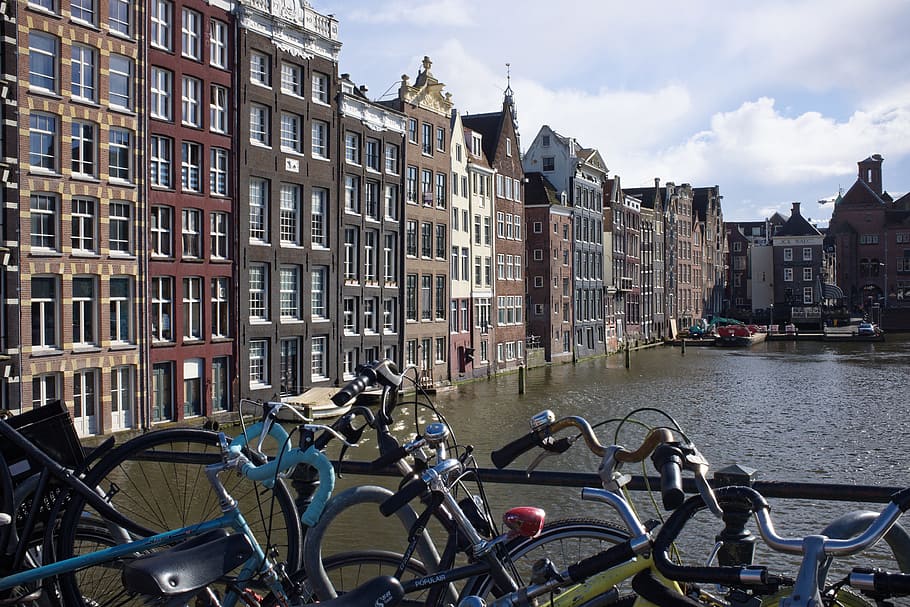 암스테르담, 자전거, 운하, 네덜란드, 유럽, 교통, 목적지, 물, 관광 여행, 건축