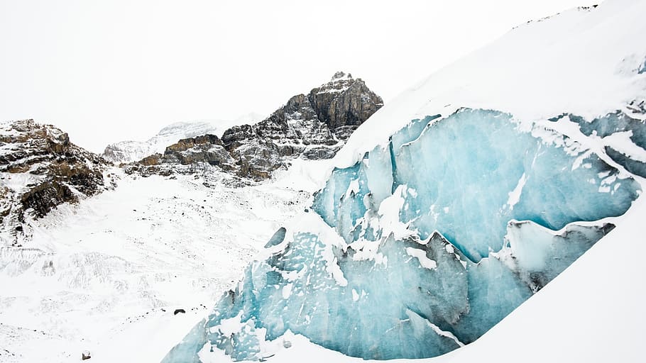 snow, coated, ground, glaciers, crevasse, mountains, ice, alps, blue, alpine