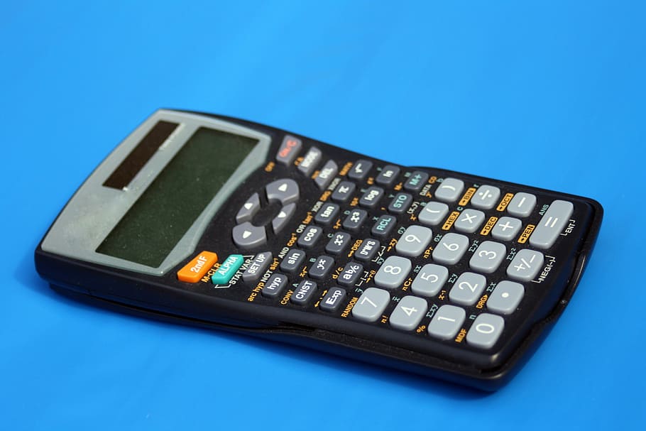 calculator, count, functions, keys, school, technology, studio shot, blue, indoors, colored background