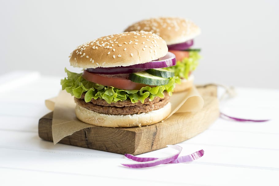 selective, focus photography, burgers, patties, Sandwich, Burger, Meat, Vegetables, a sandwich, dish