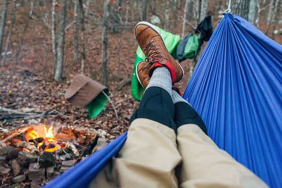 person, lying, blue, hammock, Arkansas, Winter, Adventure, Nature, landscape, mountains