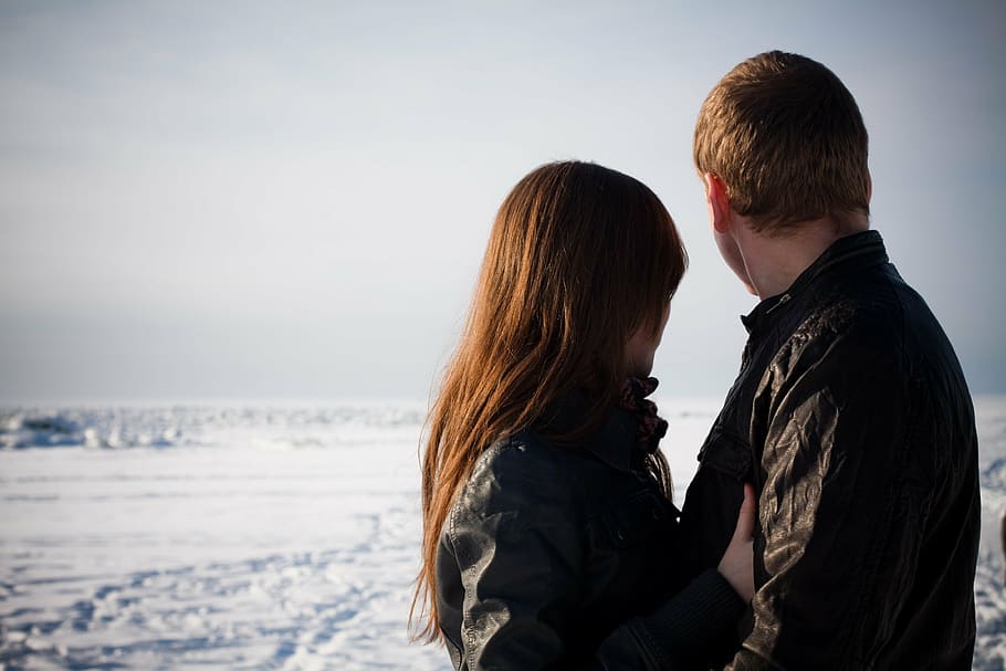 fotografia, homem, mulher, preto, jaquetas, namorados, amor, inverno, Golfo da Finlândia, casal